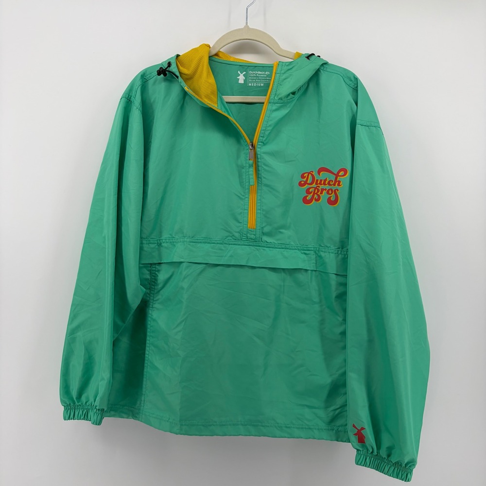 Dutch Bros Womens Medium Green Anorak Windbreaker Quarter Zip Hooded Jacket